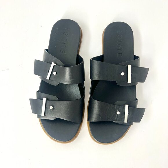 Sz 8.5 - 1.State Women's Ocel Black Leather Dual Buckle Strap Slip On Sandal - Picture 3 of 10